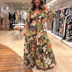 FARM Rio Tropical Floral Palm Long Dress Size M